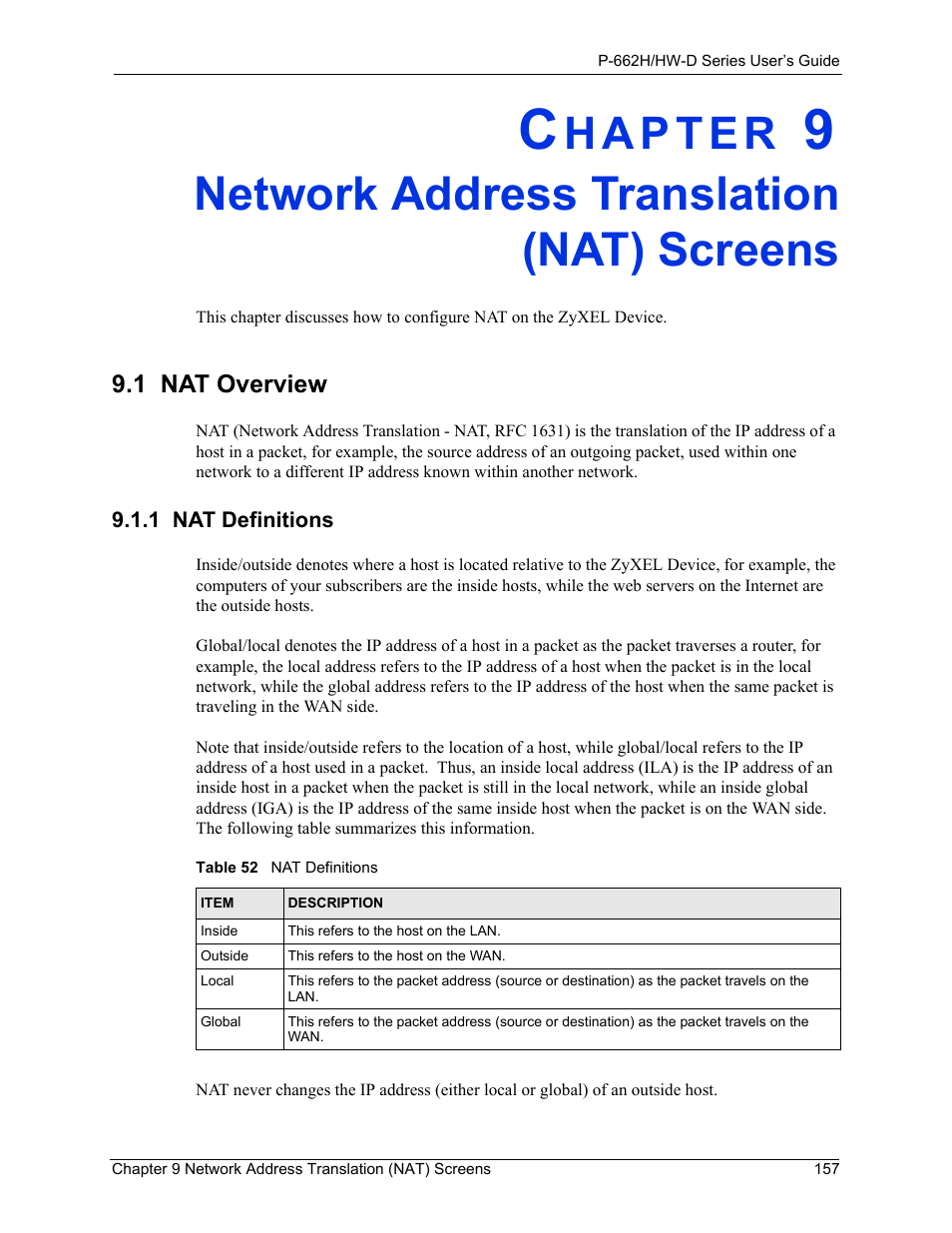 Network address translation (nat) screens, 1 nat definitions, 1 nat overview | Table 52 nat definitions | ZyXEL Communications 802.11g ADSL 2+ 4-Port Security Gateway HW-D Series User Manual | Page 157 / 496