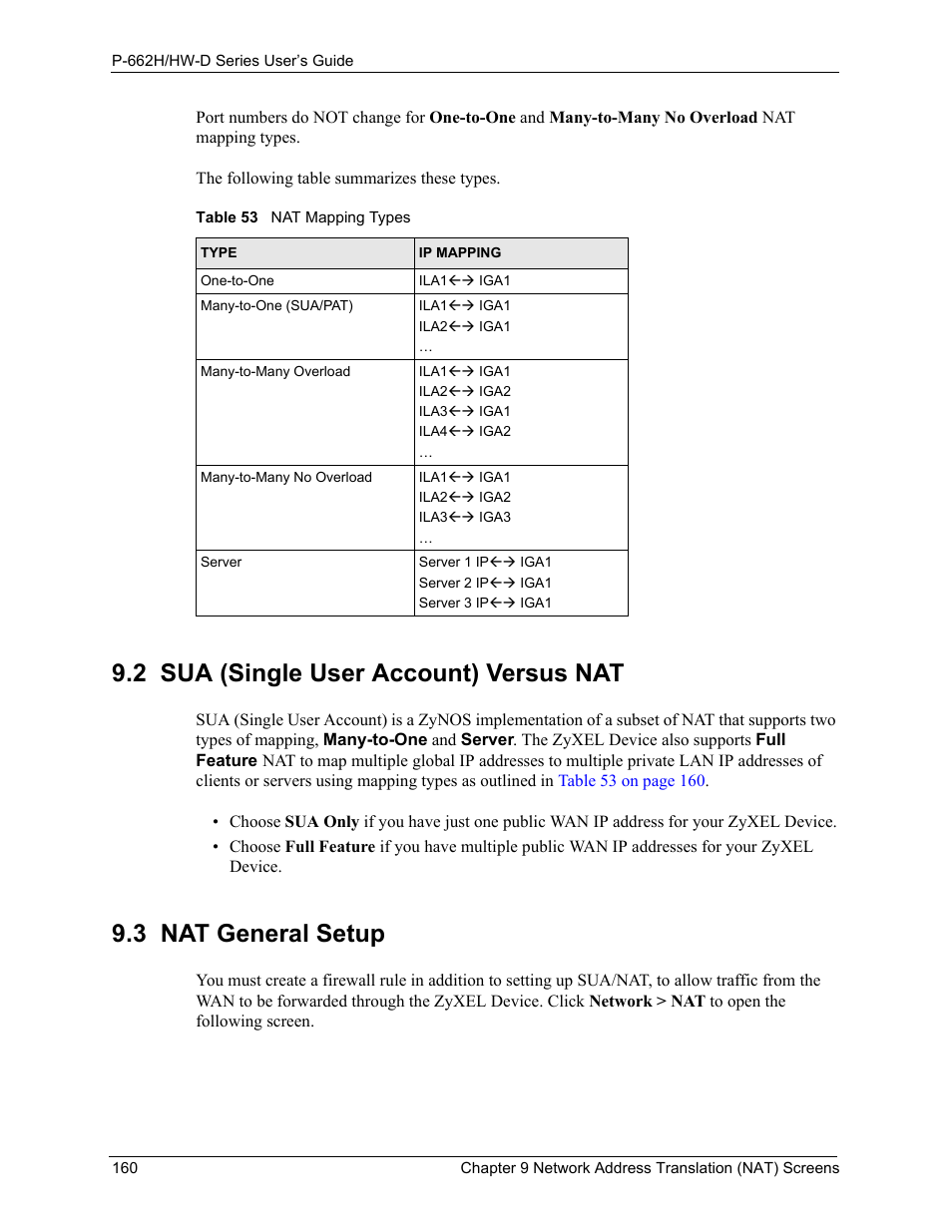 2 sua (single user account) versus nat, 3 nat general setup, Table 53 nat mapping types | ZyXEL Communications 802.11g ADSL 2+ 4-Port Security Gateway HW-D Series User Manual | Page 160 / 496