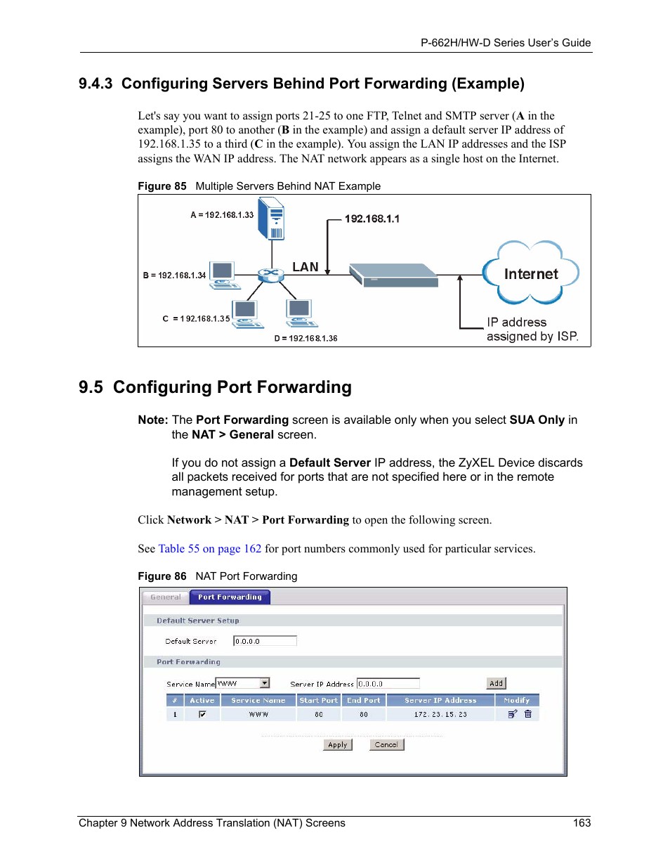 5 configuring port forwarding | ZyXEL Communications 802.11g ADSL 2+ 4-Port Security Gateway HW-D Series User Manual | Page 163 / 496