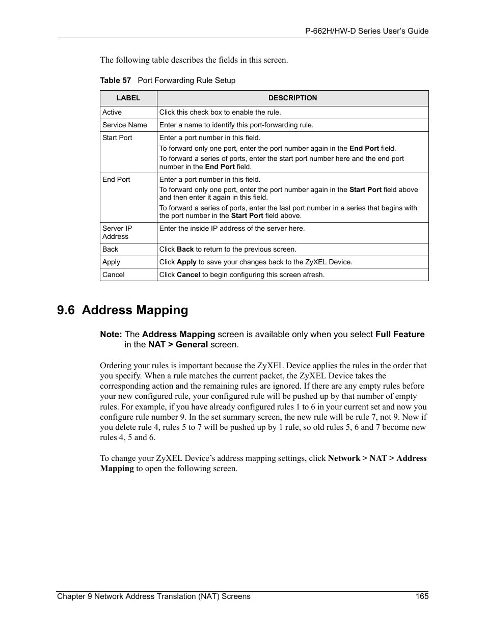 6 address mapping, Table 57 port forwarding rule setup | ZyXEL Communications 802.11g ADSL 2+ 4-Port Security Gateway HW-D Series User Manual | Page 165 / 496