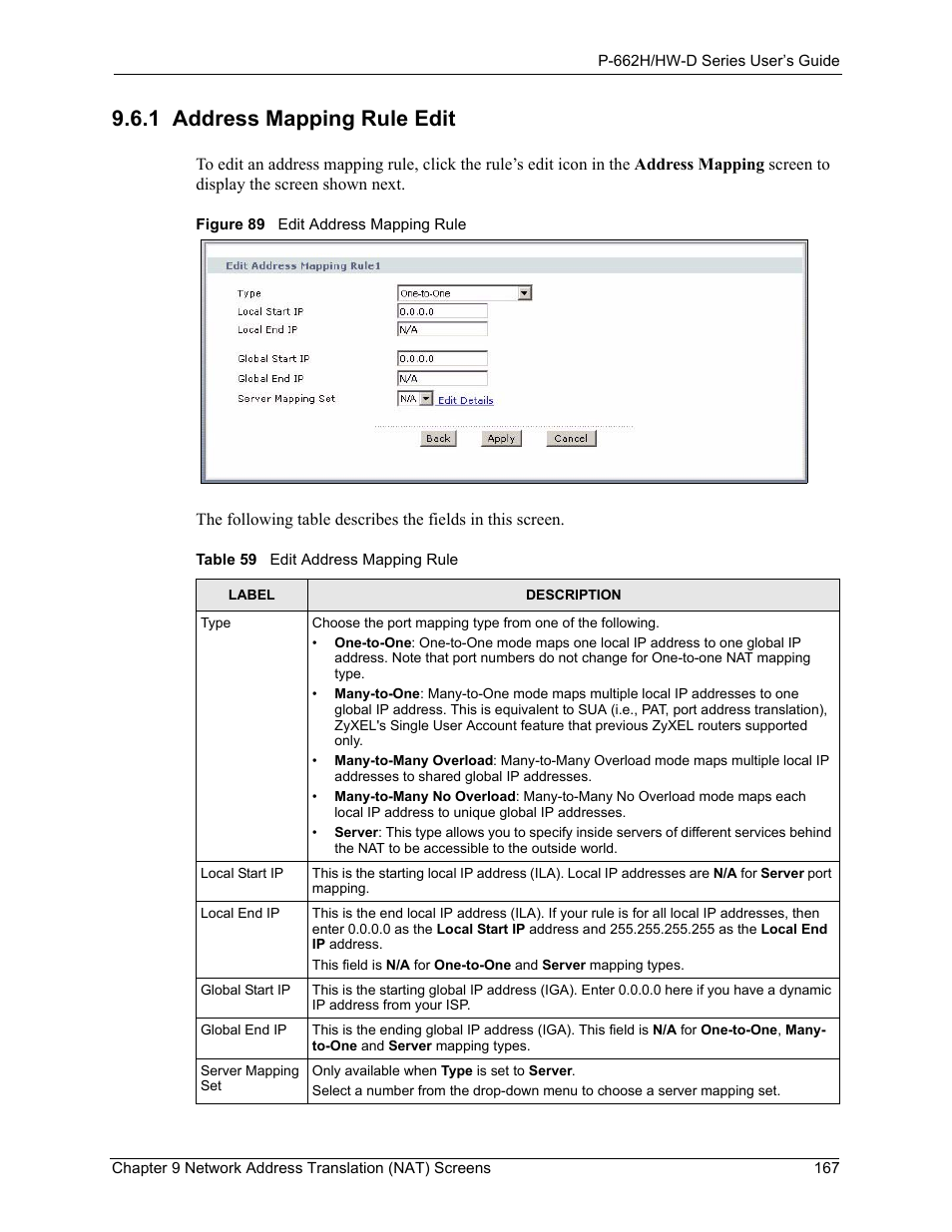 1 address mapping rule edit, Figure 89 edit address mapping rule, Table 59 edit address mapping rule | ZyXEL Communications 802.11g ADSL 2+ 4-Port Security Gateway HW-D Series User Manual | Page 167 / 496