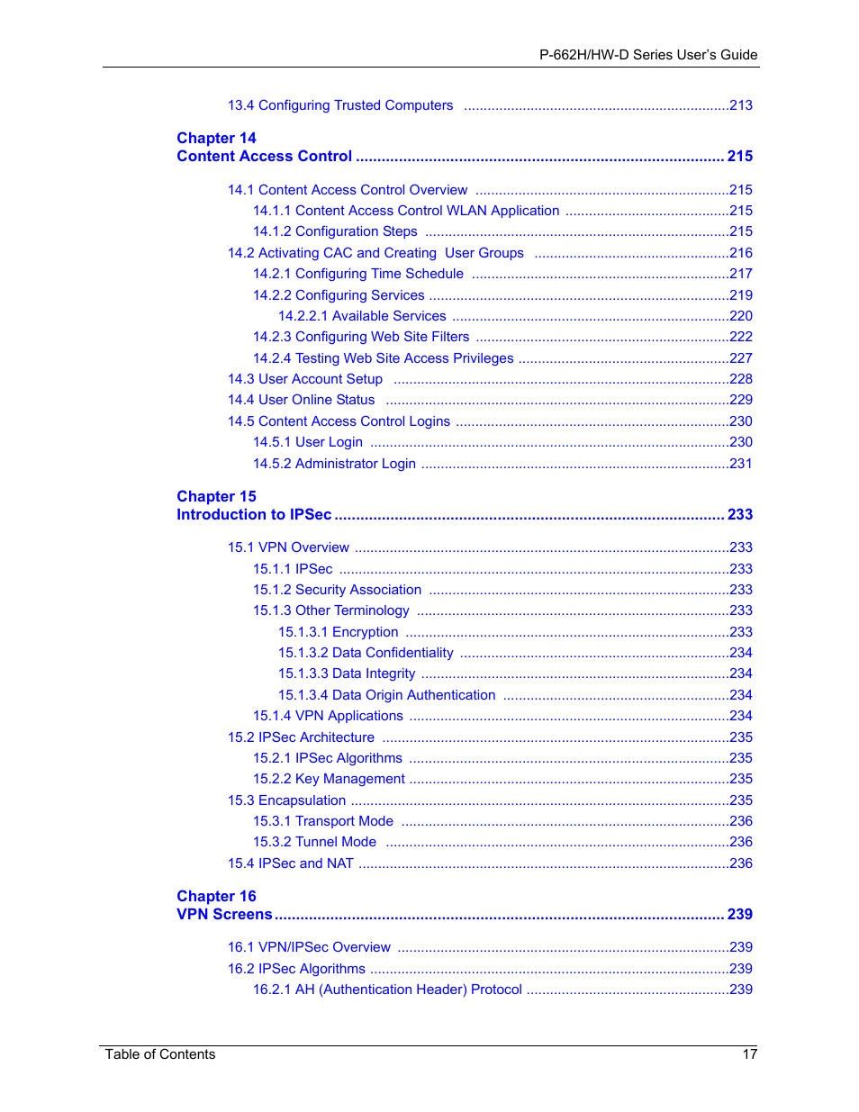 ZyXEL Communications 802.11g ADSL 2+ 4-Port Security Gateway HW-D Series User Manual | Page 17 / 496