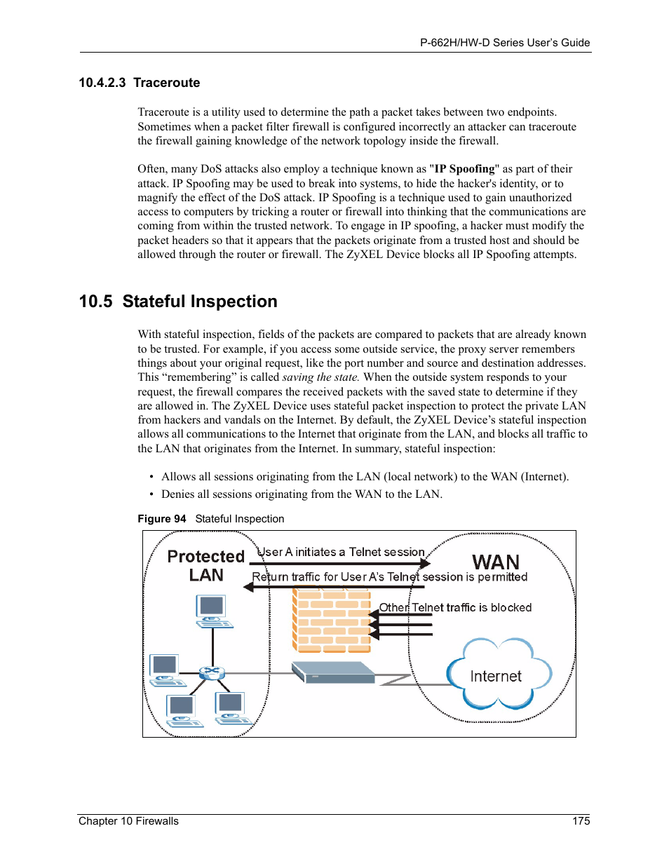 3 traceroute, 5 stateful inspection, Figure 94 stateful inspection | ZyXEL Communications 802.11g ADSL 2+ 4-Port Security Gateway HW-D Series User Manual | Page 175 / 496