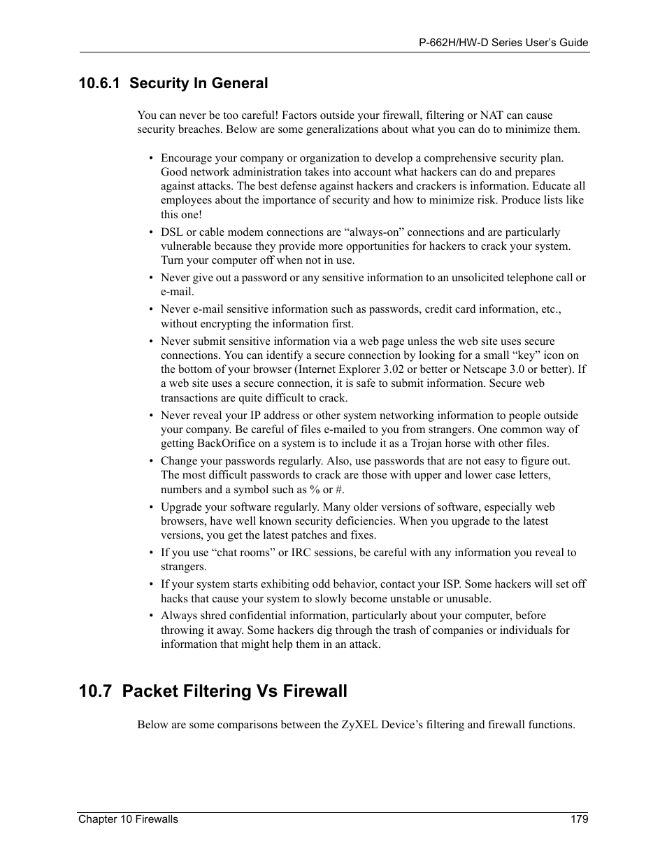 1 security in general, 7 packet filtering vs firewall | ZyXEL Communications 802.11g ADSL 2+ 4-Port Security Gateway HW-D Series User Manual | Page 179 / 496