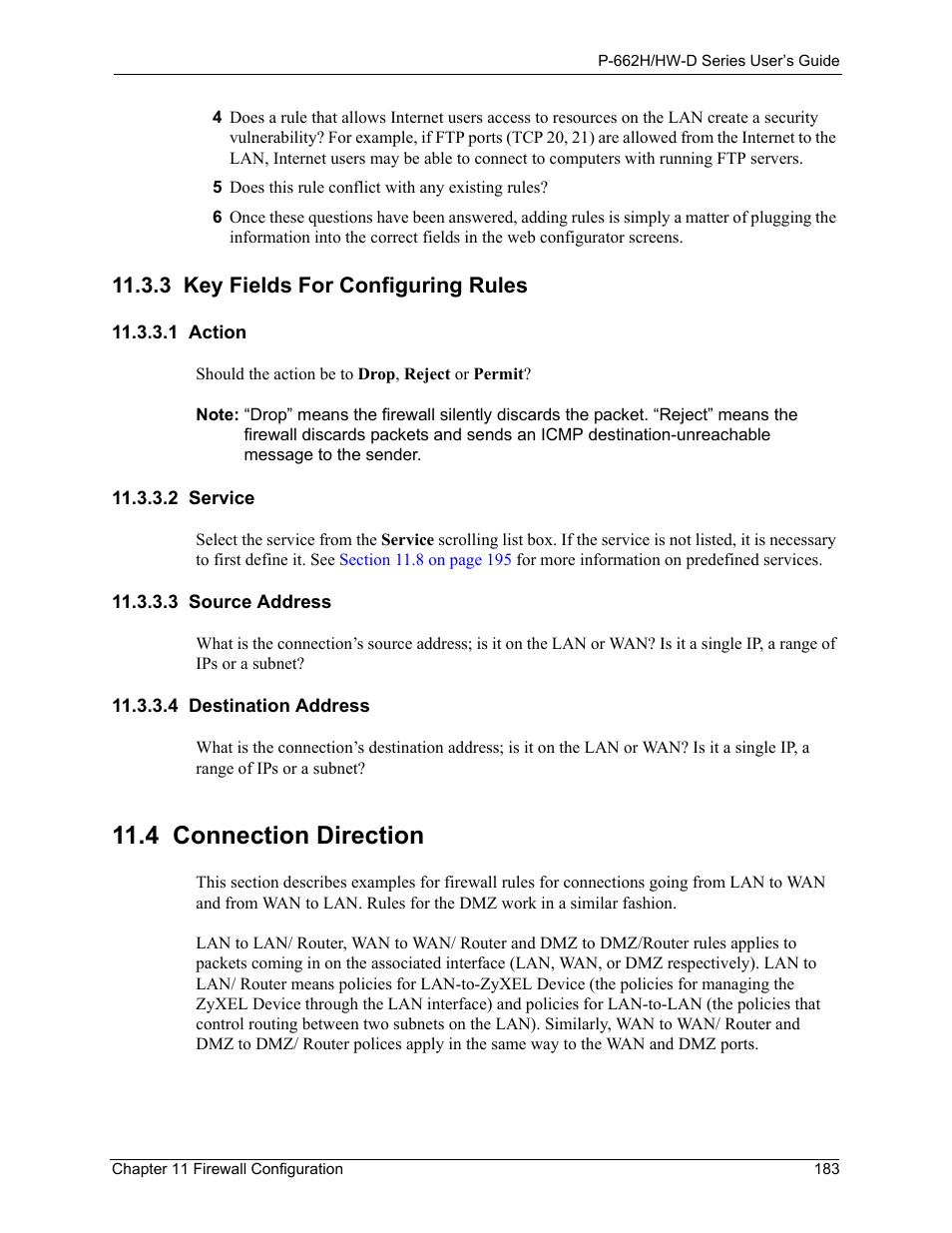 3 key fields for configuring rules, 1 action, 2 service | 3 source address, 4 destination address, 4 connection direction | ZyXEL Communications 802.11g ADSL 2+ 4-Port Security Gateway HW-D Series User Manual | Page 183 / 496