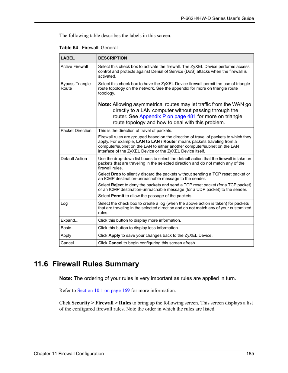 6 firewall rules summary, Table 64 firewall: general, Refer to | ZyXEL Communications 802.11g ADSL 2+ 4-Port Security Gateway HW-D Series User Manual | Page 185 / 496