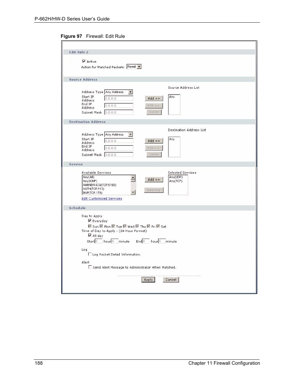 Figure 97 firewall: edit rule, Figure 97 | ZyXEL Communications 802.11g ADSL 2+ 4-Port Security Gateway HW-D Series User Manual | Page 188 / 496