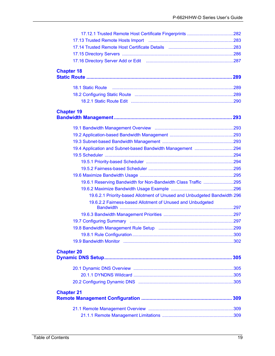ZyXEL Communications 802.11g ADSL 2+ 4-Port Security Gateway HW-D Series User Manual | Page 19 / 496