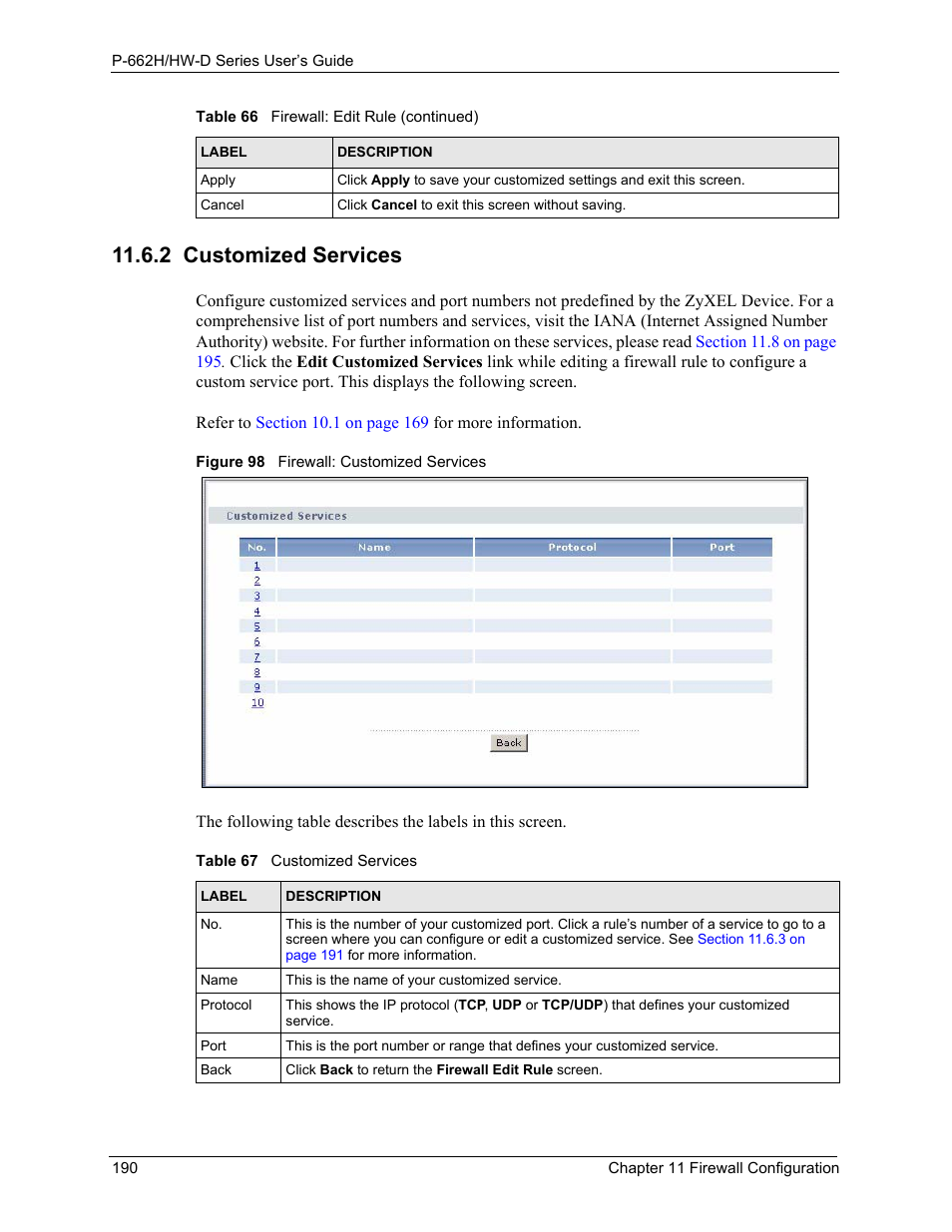 2 customized services, Figure 98 firewall: customized services, Table 67 customized services | Refer to | ZyXEL Communications 802.11g ADSL 2+ 4-Port Security Gateway HW-D Series User Manual | Page 190 / 496