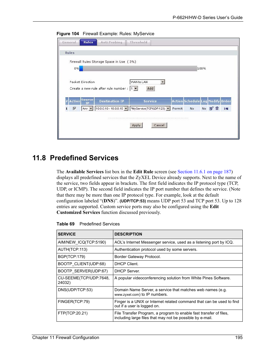 8 predefined services, Figure 104 firewall example: rules: myservice, Table 69 predefined services | ZyXEL Communications 802.11g ADSL 2+ 4-Port Security Gateway HW-D Series User Manual | Page 195 / 496