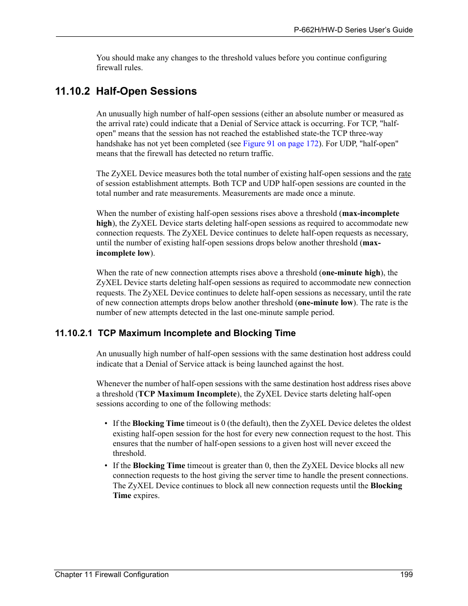 2 half-open sessions, 1 tcp maximum incomplete and blocking time | ZyXEL Communications 802.11g ADSL 2+ 4-Port Security Gateway HW-D Series User Manual | Page 199 / 496