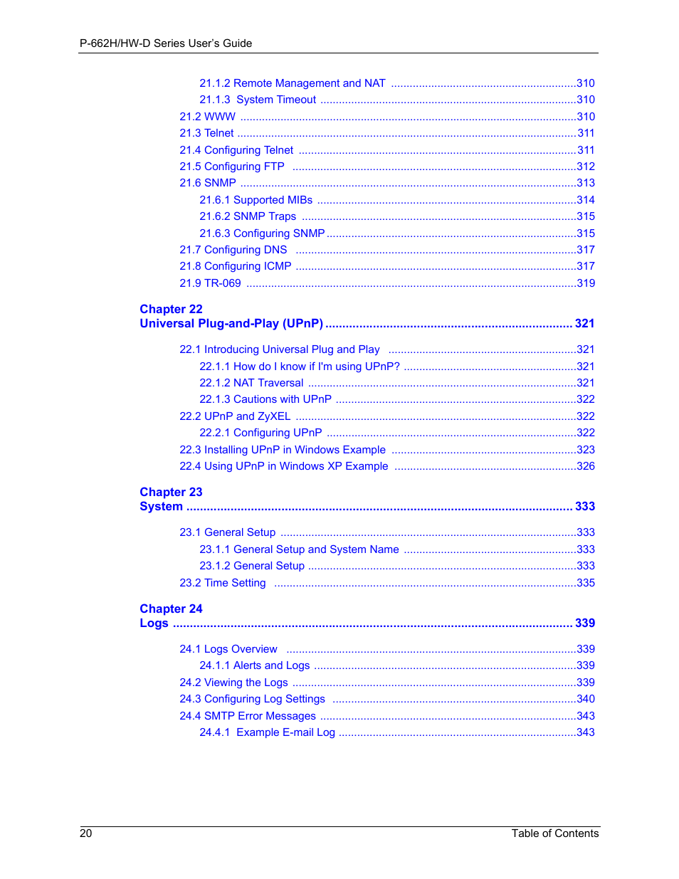 ZyXEL Communications 802.11g ADSL 2+ 4-Port Security Gateway HW-D Series User Manual | Page 20 / 496