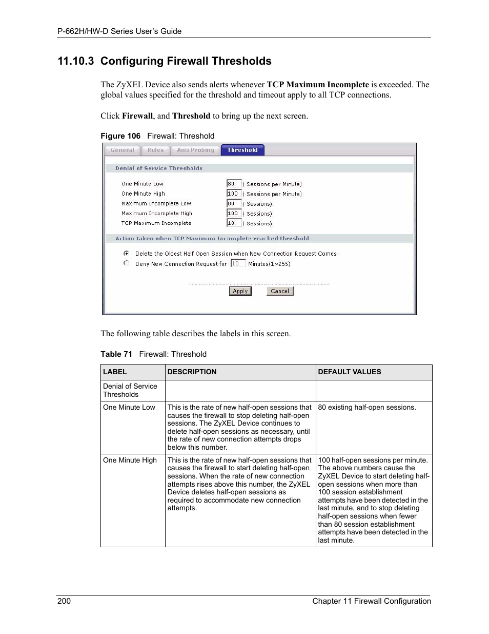3 configuring firewall thresholds, Figure 106 firewall: threshold, Table 71 firewall: threshold | Refer to | ZyXEL Communications 802.11g ADSL 2+ 4-Port Security Gateway HW-D Series User Manual | Page 200 / 496