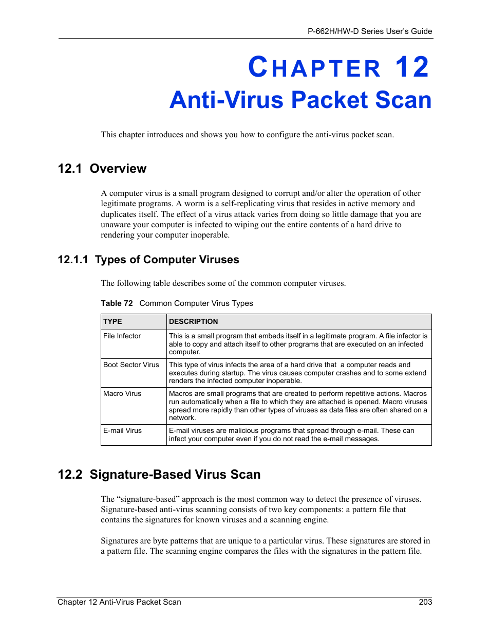 Anti-virus packet scan, 1 overview, 1 types of computer viruses | 2 signature-based virus scan, Chapter 12 anti-virus packet scan, Table 72 common computer virus types | ZyXEL Communications 802.11g ADSL 2+ 4-Port Security Gateway HW-D Series User Manual | Page 203 / 496