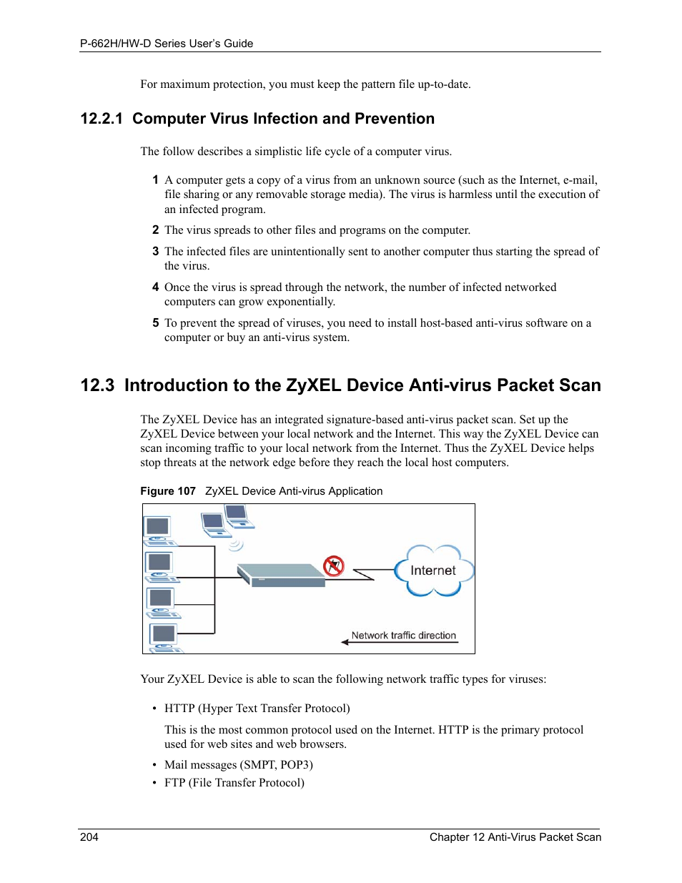 1 computer virus infection and prevention, Figure 107 zyxel device anti-virus application | ZyXEL Communications 802.11g ADSL 2+ 4-Port Security Gateway HW-D Series User Manual | Page 204 / 496