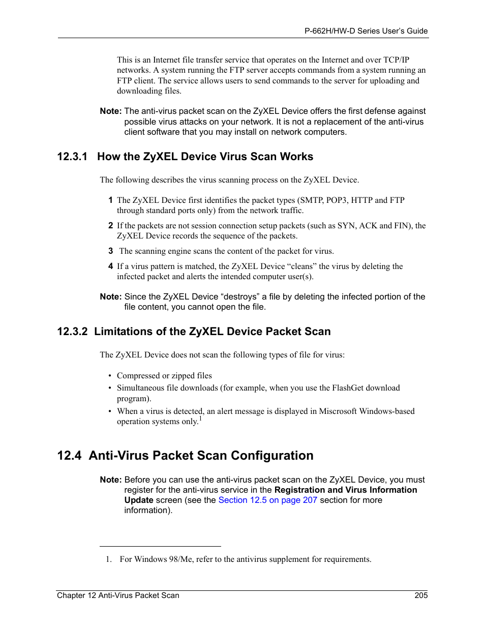 1 how the zyxel device virus scan works, 2 limitations of the zyxel device packet scan, 4 anti-virus packet scan configuration | ZyXEL Communications 802.11g ADSL 2+ 4-Port Security Gateway HW-D Series User Manual | Page 205 / 496