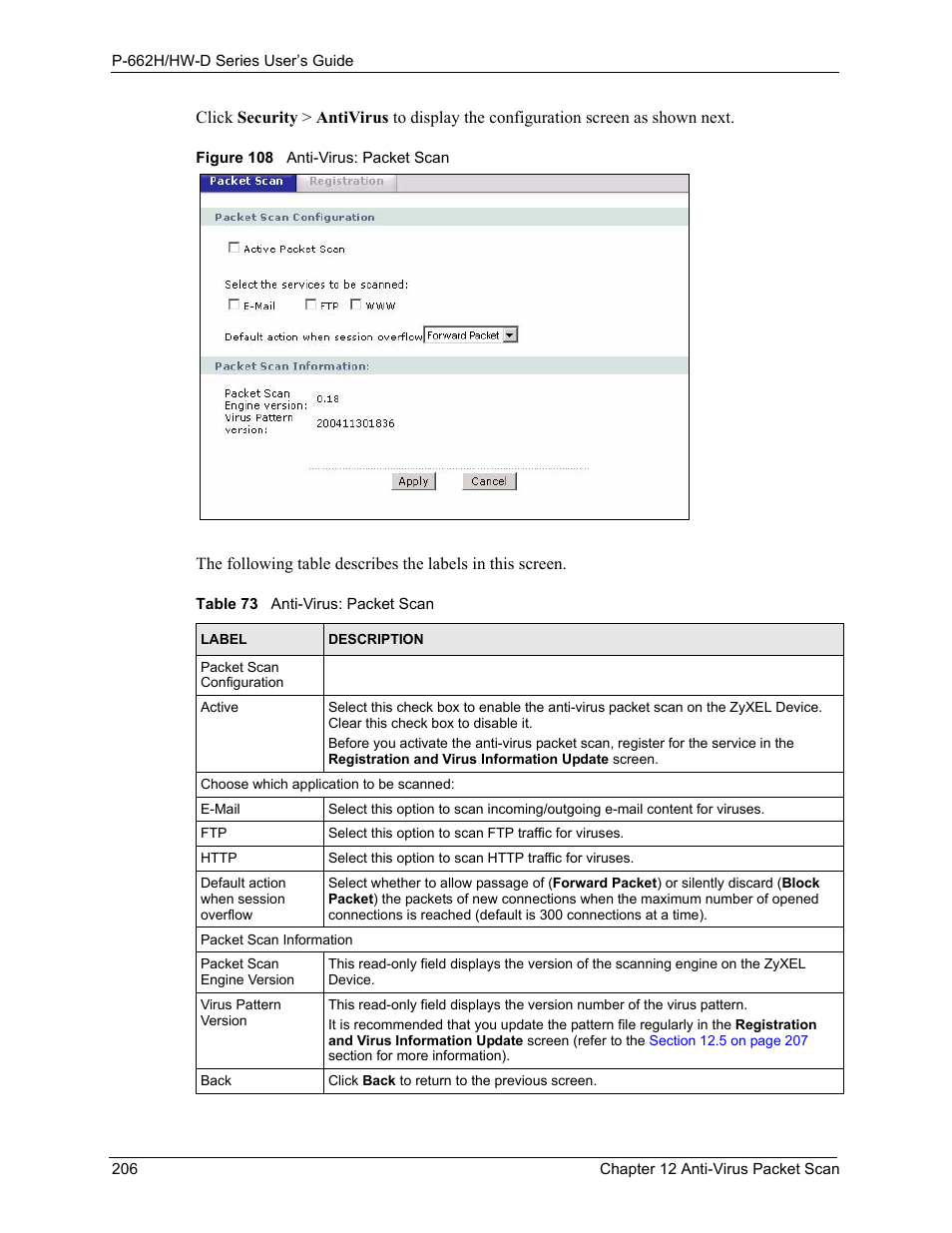 Figure 108 anti-virus: packet scan, Table 73 anti-virus: packet scan | ZyXEL Communications 802.11g ADSL 2+ 4-Port Security Gateway HW-D Series User Manual | Page 206 / 496