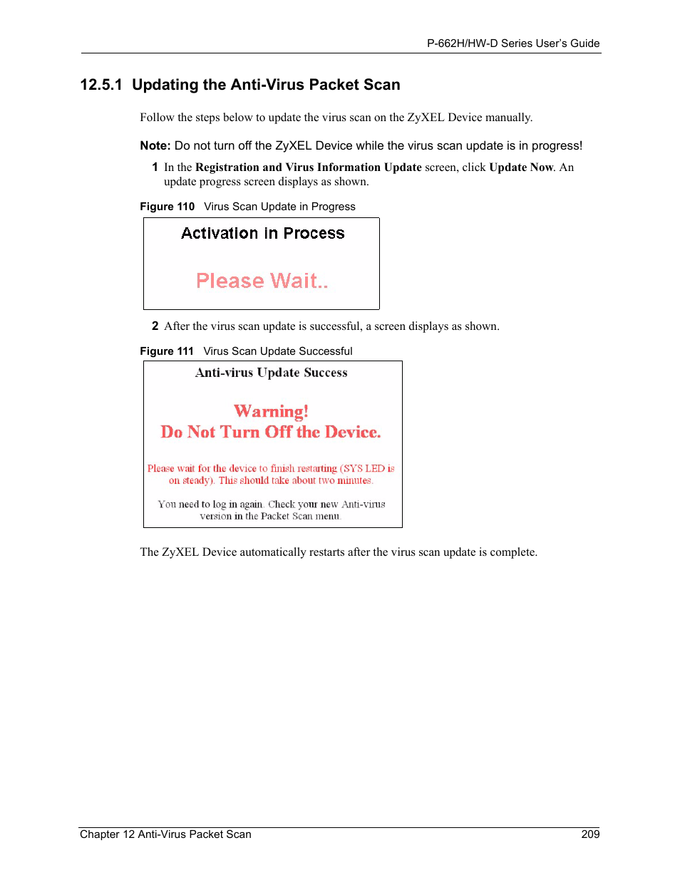 1 updating the anti-virus packet scan | ZyXEL Communications 802.11g ADSL 2+ 4-Port Security Gateway HW-D Series User Manual | Page 209 / 496