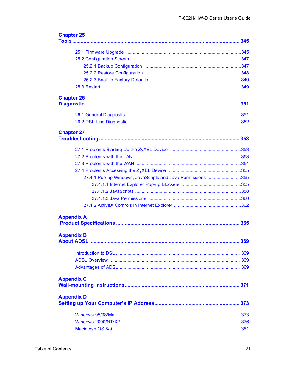 ZyXEL Communications 802.11g ADSL 2+ 4-Port Security Gateway HW-D Series User Manual | Page 21 / 496