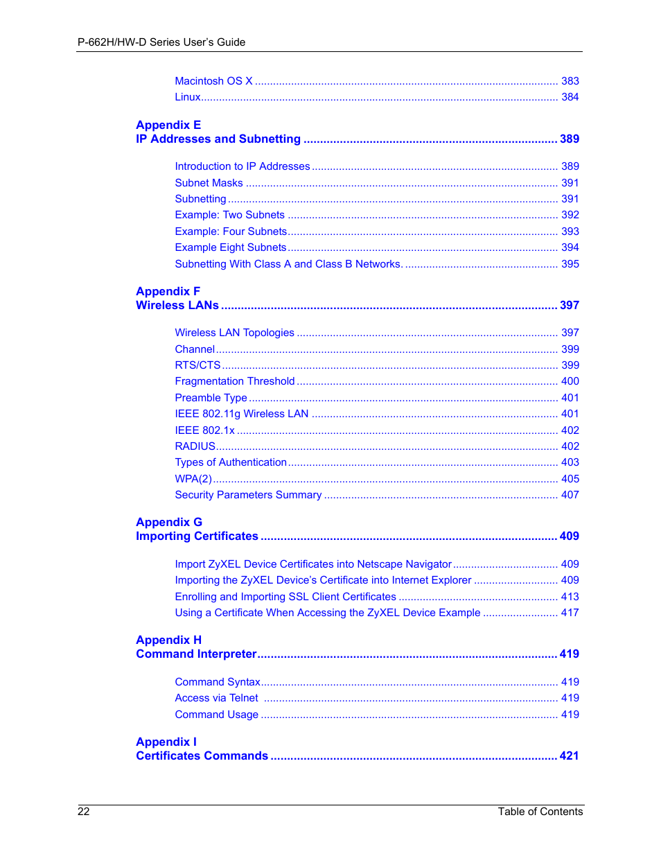 ZyXEL Communications 802.11g ADSL 2+ 4-Port Security Gateway HW-D Series User Manual | Page 22 / 496