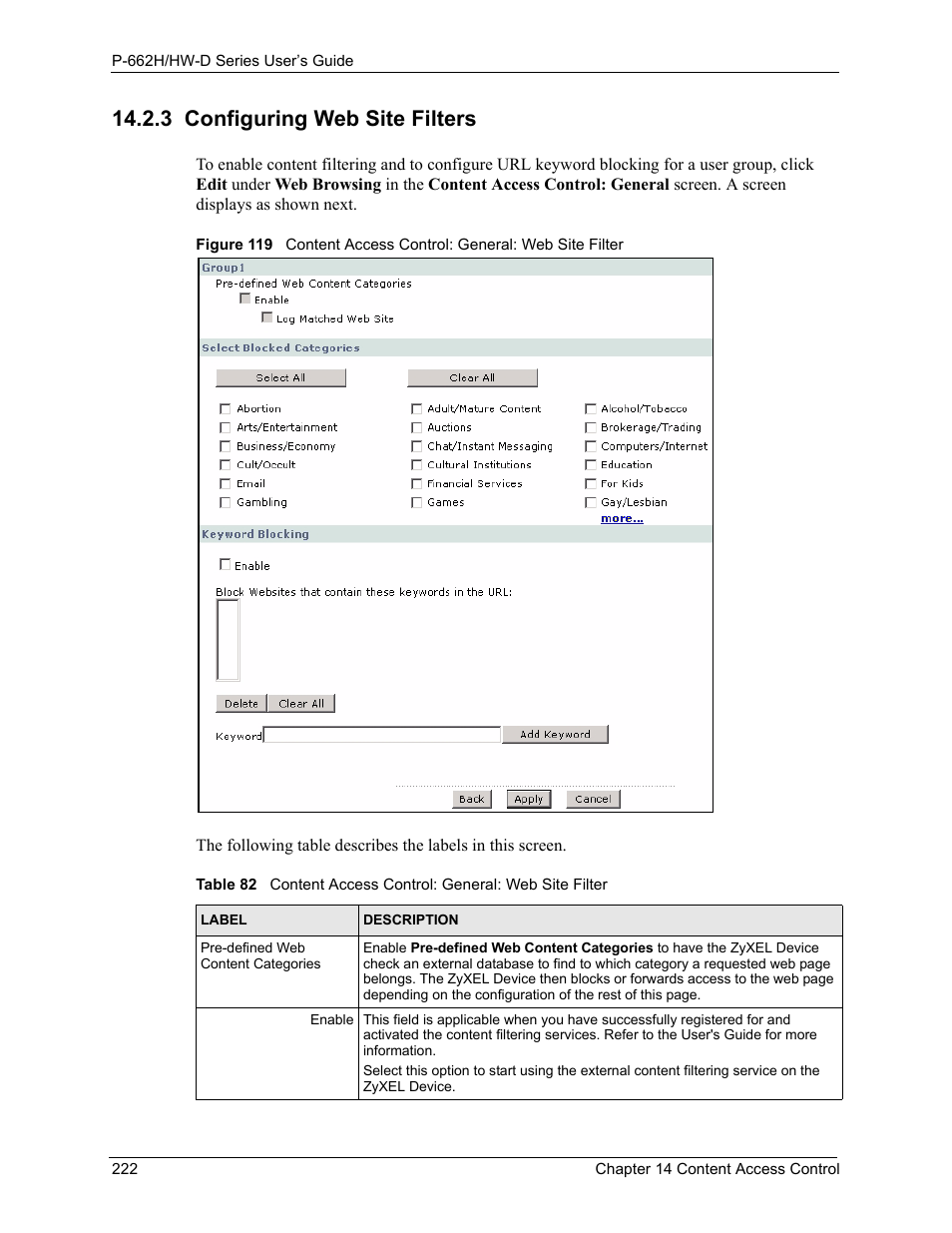 3 configuring web site filters | ZyXEL Communications 802.11g ADSL 2+ 4-Port Security Gateway HW-D Series User Manual | Page 222 / 496