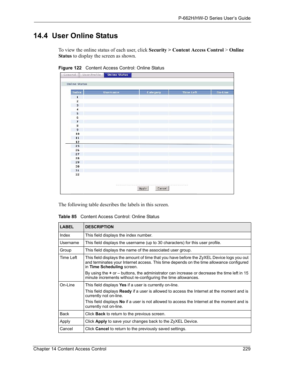 4 user online status, Figure 122 content access control: online status, Table 85 content access control: online status | ZyXEL Communications 802.11g ADSL 2+ 4-Port Security Gateway HW-D Series User Manual | Page 229 / 496