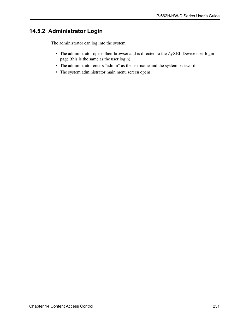 2 administrator login | ZyXEL Communications 802.11g ADSL 2+ 4-Port Security Gateway HW-D Series User Manual | Page 231 / 496