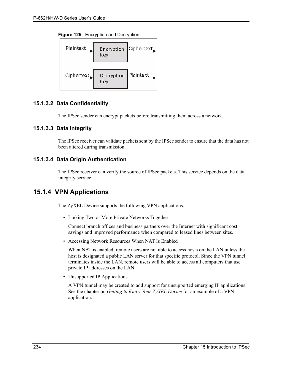 2 data confidentiality, 3 data integrity, 4 data origin authentication | 4 vpn applications, Figure 125 encryption and decryption | ZyXEL Communications 802.11g ADSL 2+ 4-Port Security Gateway HW-D Series User Manual | Page 234 / 496