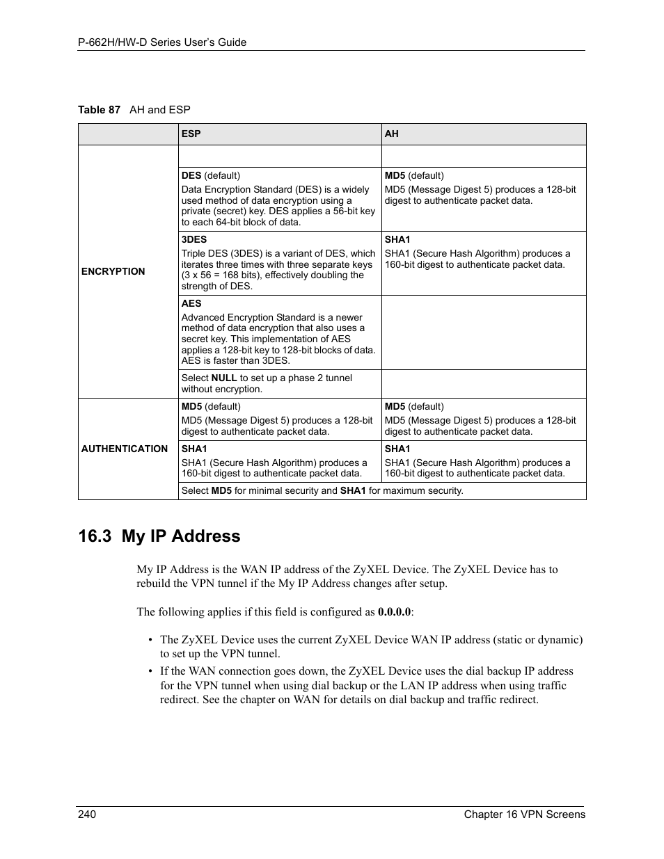 3 my ip address, Table 87 ah and esp | ZyXEL Communications 802.11g ADSL 2+ 4-Port Security Gateway HW-D Series User Manual | Page 240 / 496