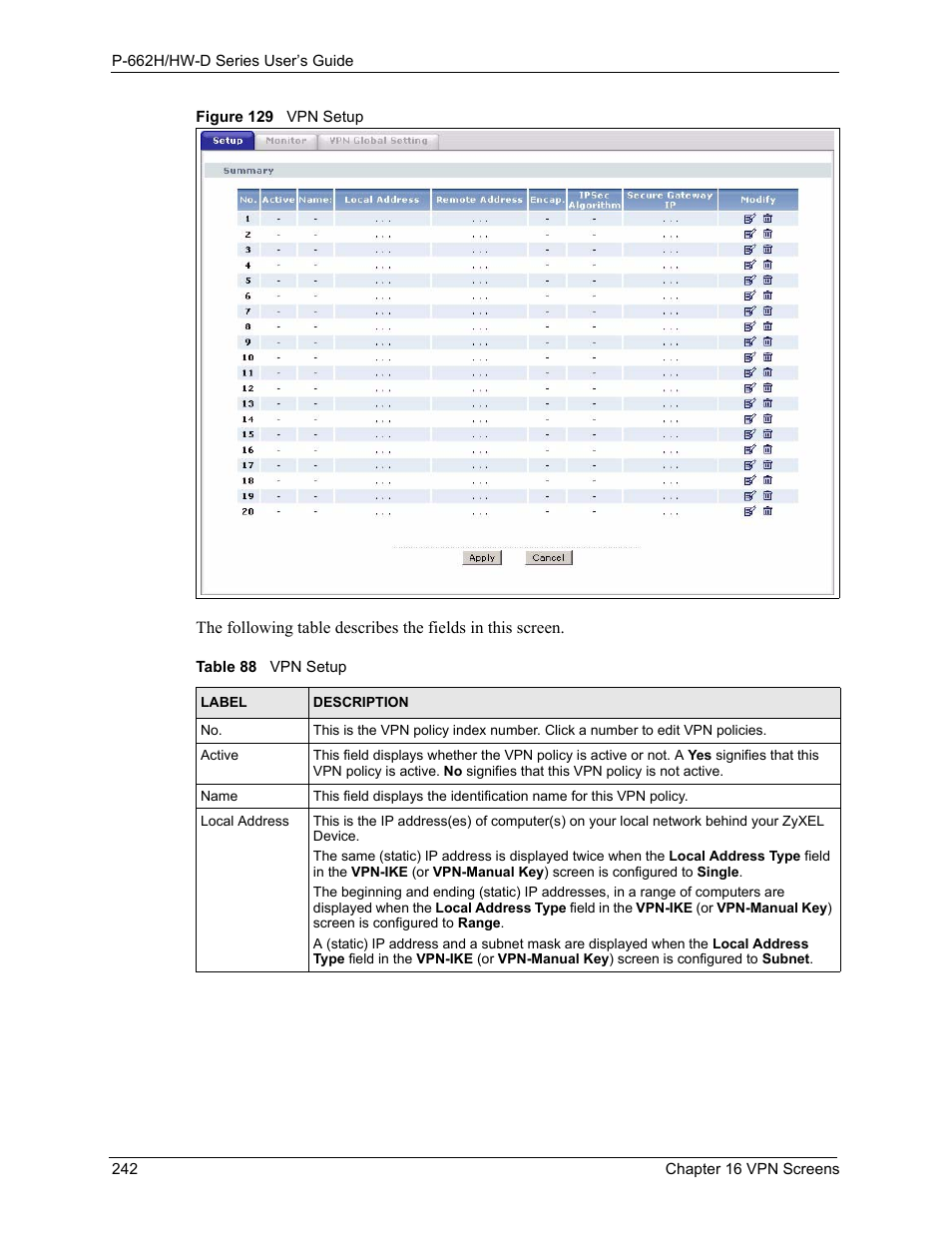 Figure 129 vpn setup, Table 88 vpn setup | ZyXEL Communications 802.11g ADSL 2+ 4-Port Security Gateway HW-D Series User Manual | Page 242 / 496
