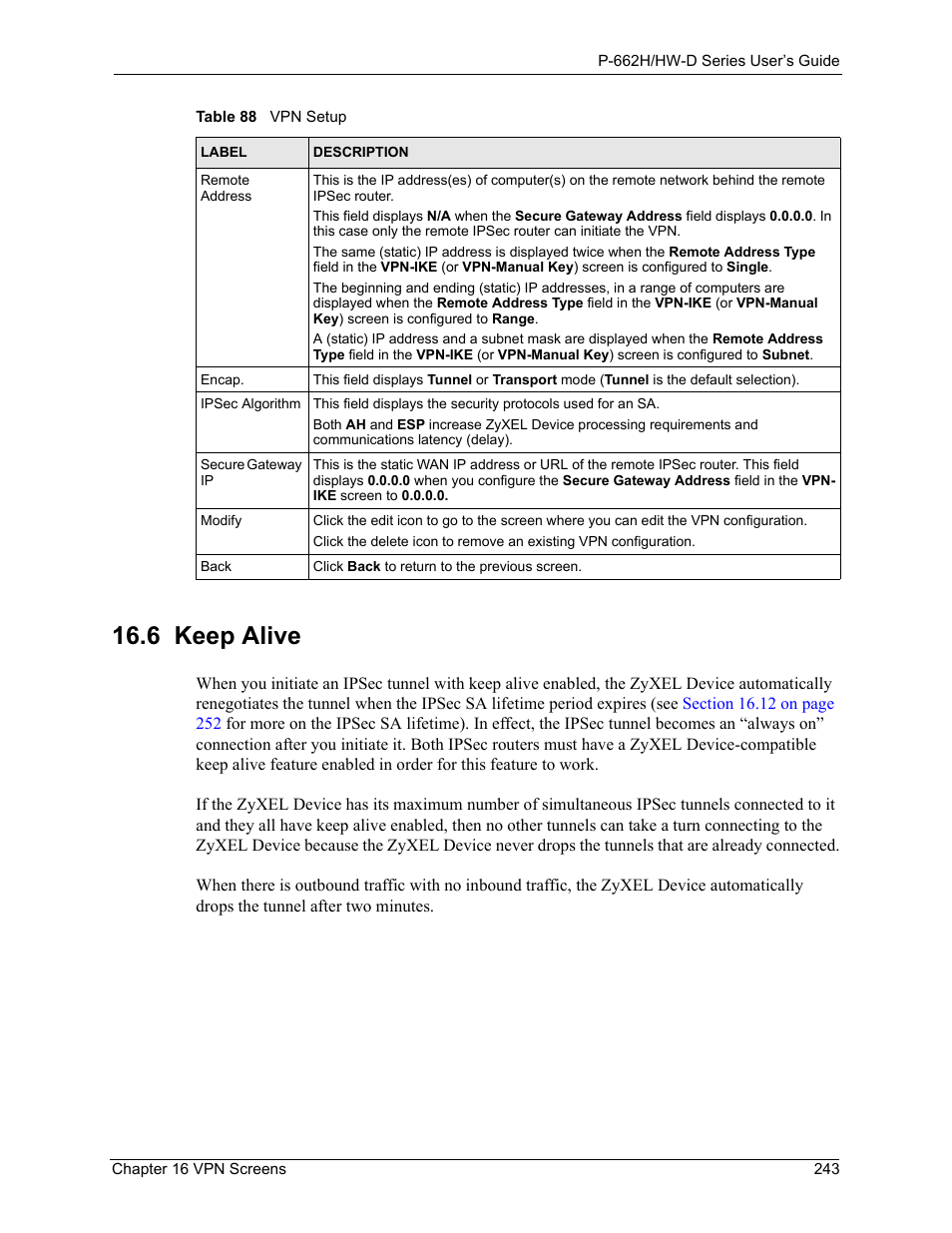 6 keep alive | ZyXEL Communications 802.11g ADSL 2+ 4-Port Security Gateway HW-D Series User Manual | Page 243 / 496