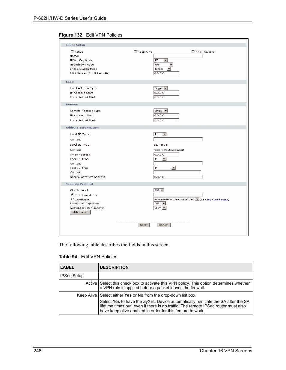 Figure 132 edit vpn policies, Table 94 edit vpn policies | ZyXEL Communications 802.11g ADSL 2+ 4-Port Security Gateway HW-D Series User Manual | Page 248 / 496