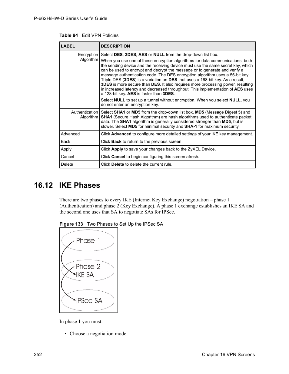 12 ike phases, Figure 133 two phases to set up the ipsec sa, For more on ike phases). it is calle | ZyXEL Communications 802.11g ADSL 2+ 4-Port Security Gateway HW-D Series User Manual | Page 252 / 496