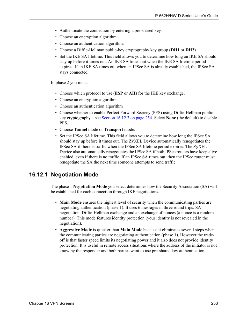 1 negotiation mode, Ive negotiation mode (see, The id type and | ZyXEL Communications 802.11g ADSL 2+ 4-Port Security Gateway HW-D Series User Manual | Page 253 / 496