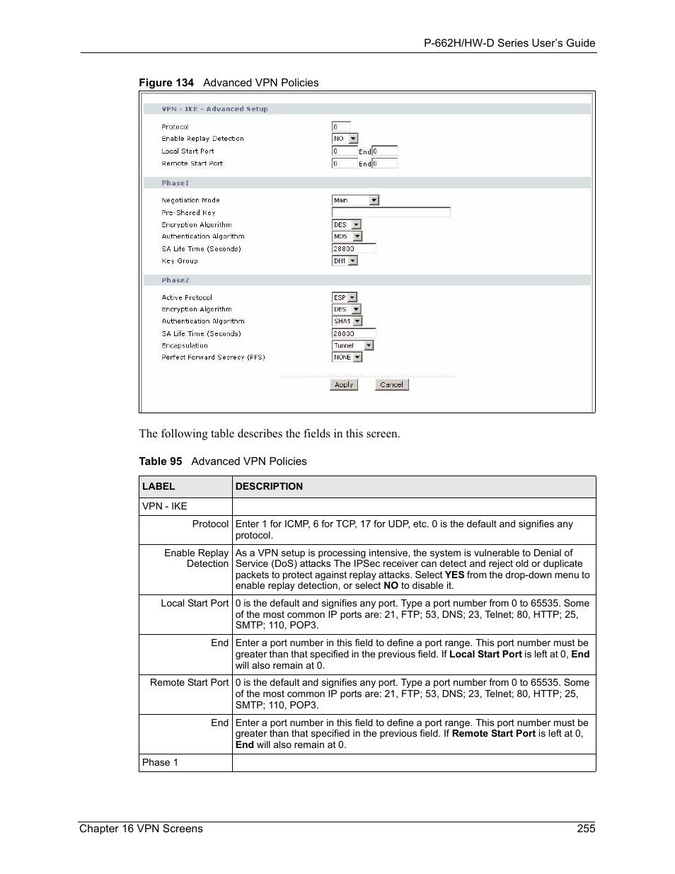 Figure 134 advanced vpn policies, Table 95 advanced vpn policies | ZyXEL Communications 802.11g ADSL 2+ 4-Port Security Gateway HW-D Series User Manual | Page 255 / 496