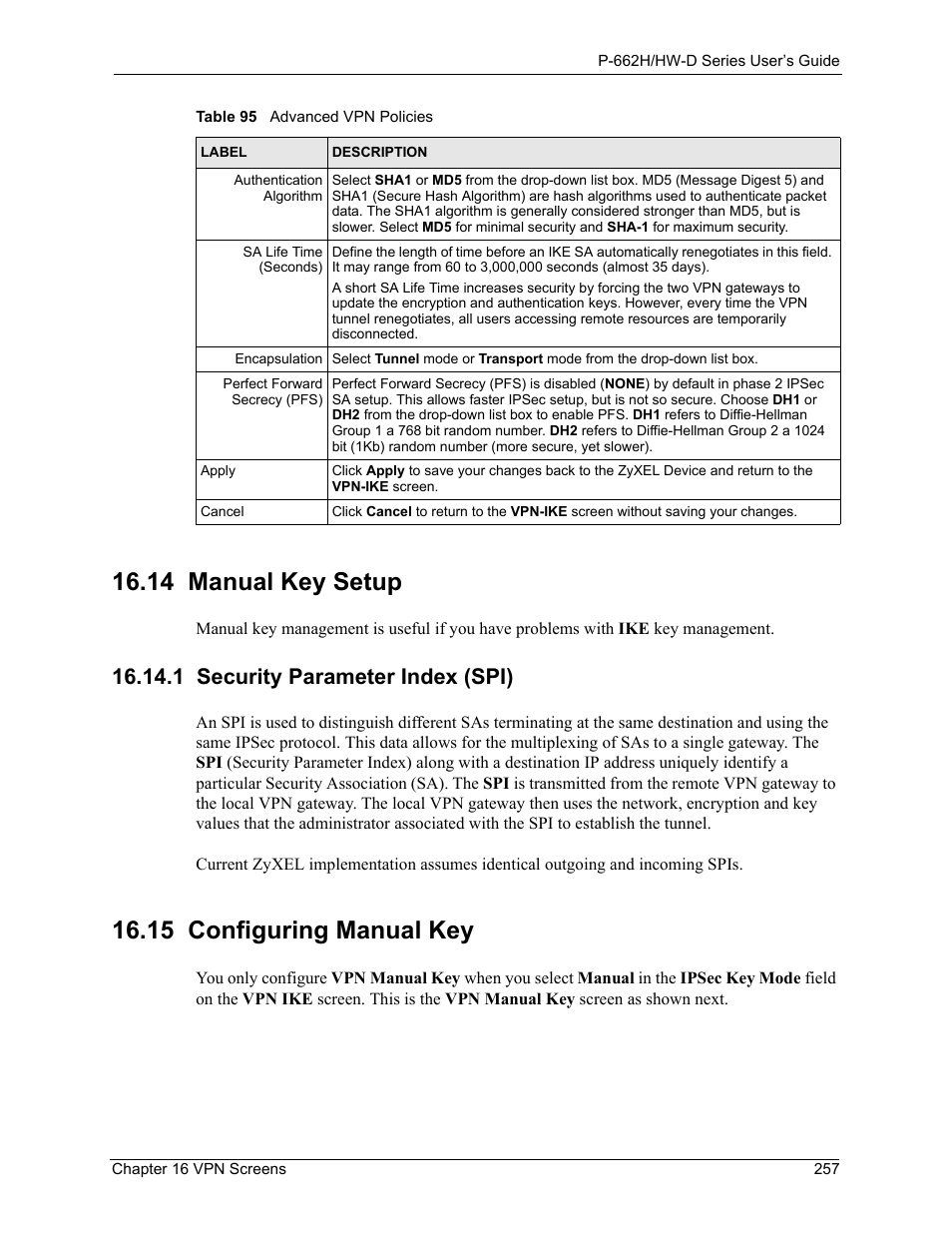 14 manual key setup, 1 security parameter index (spi), 15 configuring manual key | ZyXEL Communications 802.11g ADSL 2+ 4-Port Security Gateway HW-D Series User Manual | Page 257 / 496