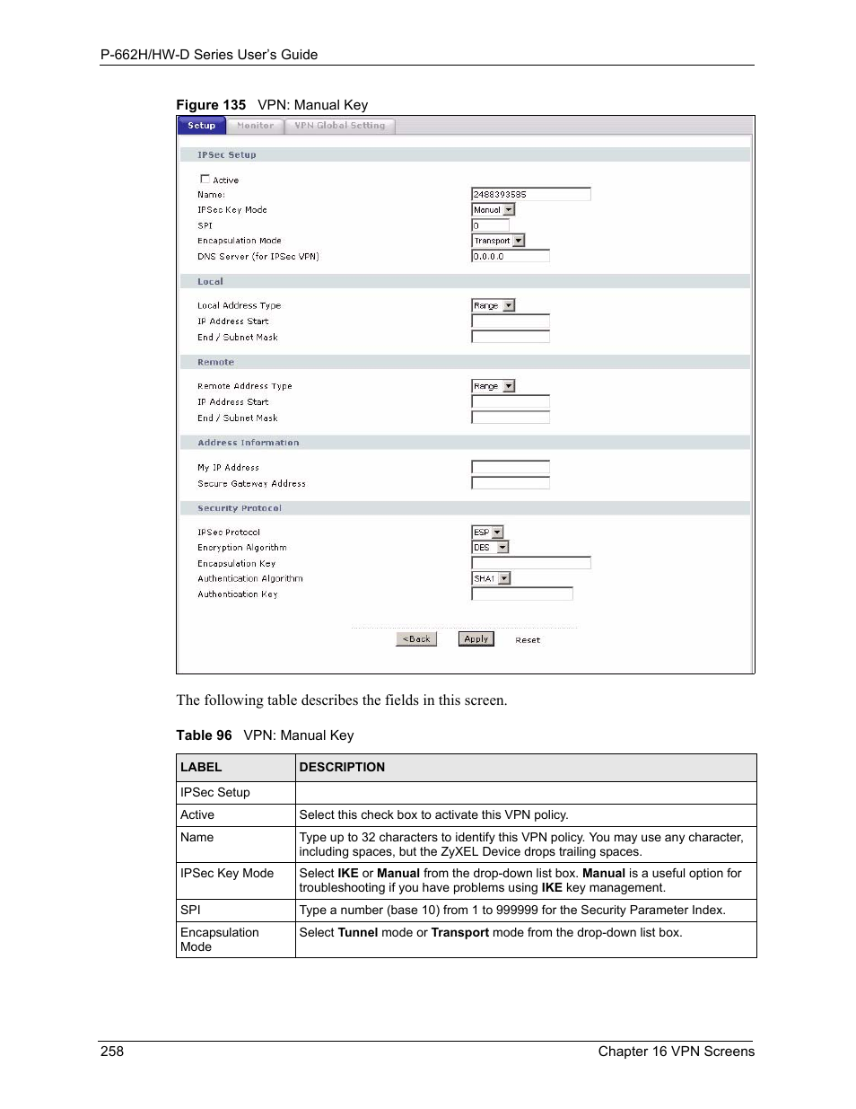 Figure 135 vpn: manual key, Table 96 vpn: manual key | ZyXEL Communications 802.11g ADSL 2+ 4-Port Security Gateway HW-D Series User Manual | Page 258 / 496