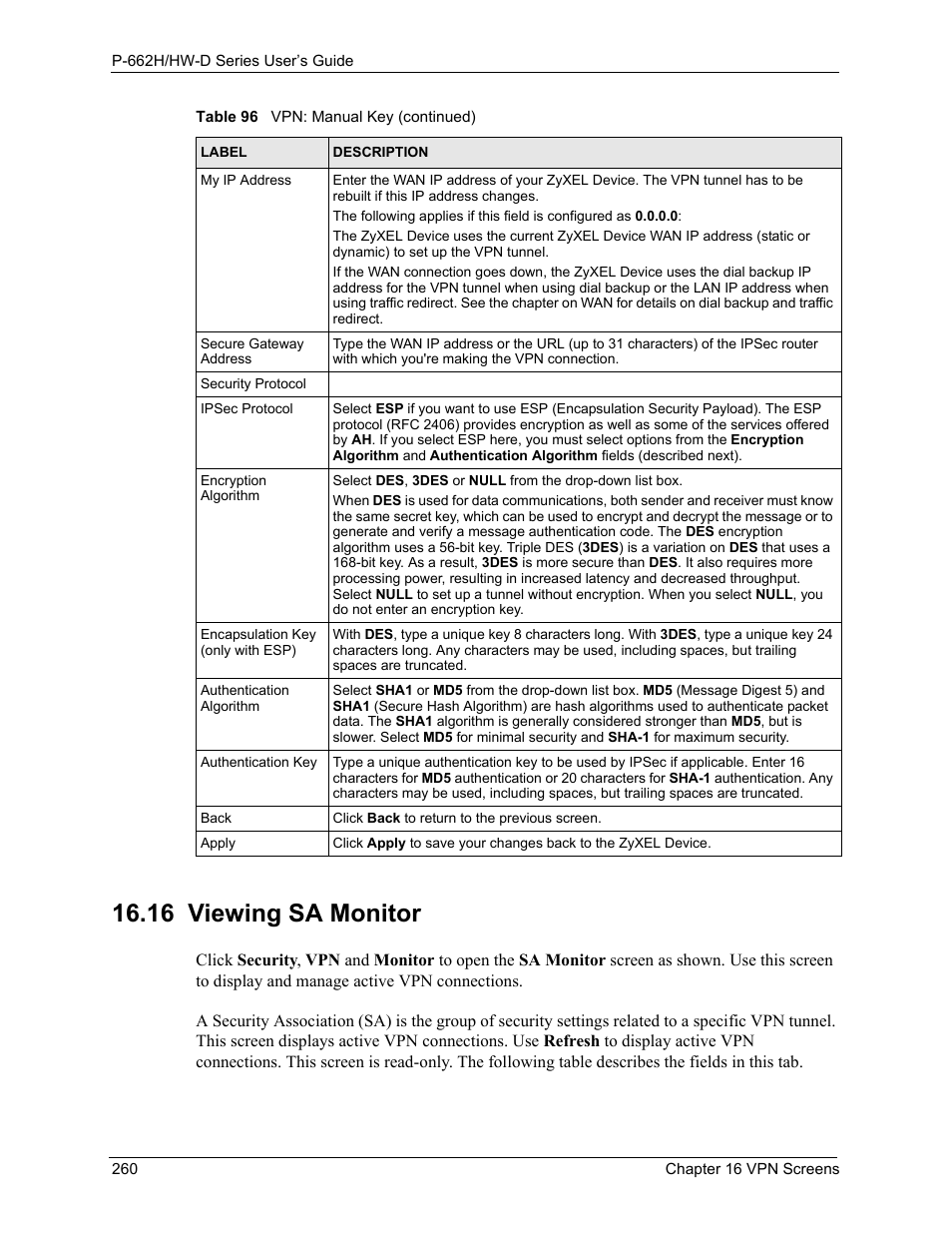 16 viewing sa monitor | ZyXEL Communications 802.11g ADSL 2+ 4-Port Security Gateway HW-D Series User Manual | Page 260 / 496