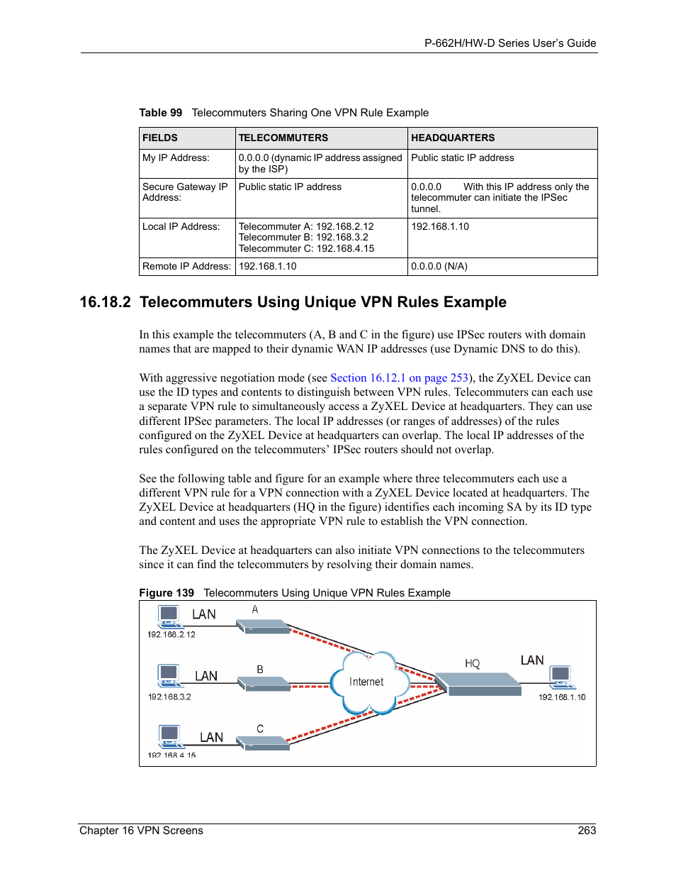 2 telecommuters using unique vpn rules example | ZyXEL Communications 802.11g ADSL 2+ 4-Port Security Gateway HW-D Series User Manual | Page 263 / 496