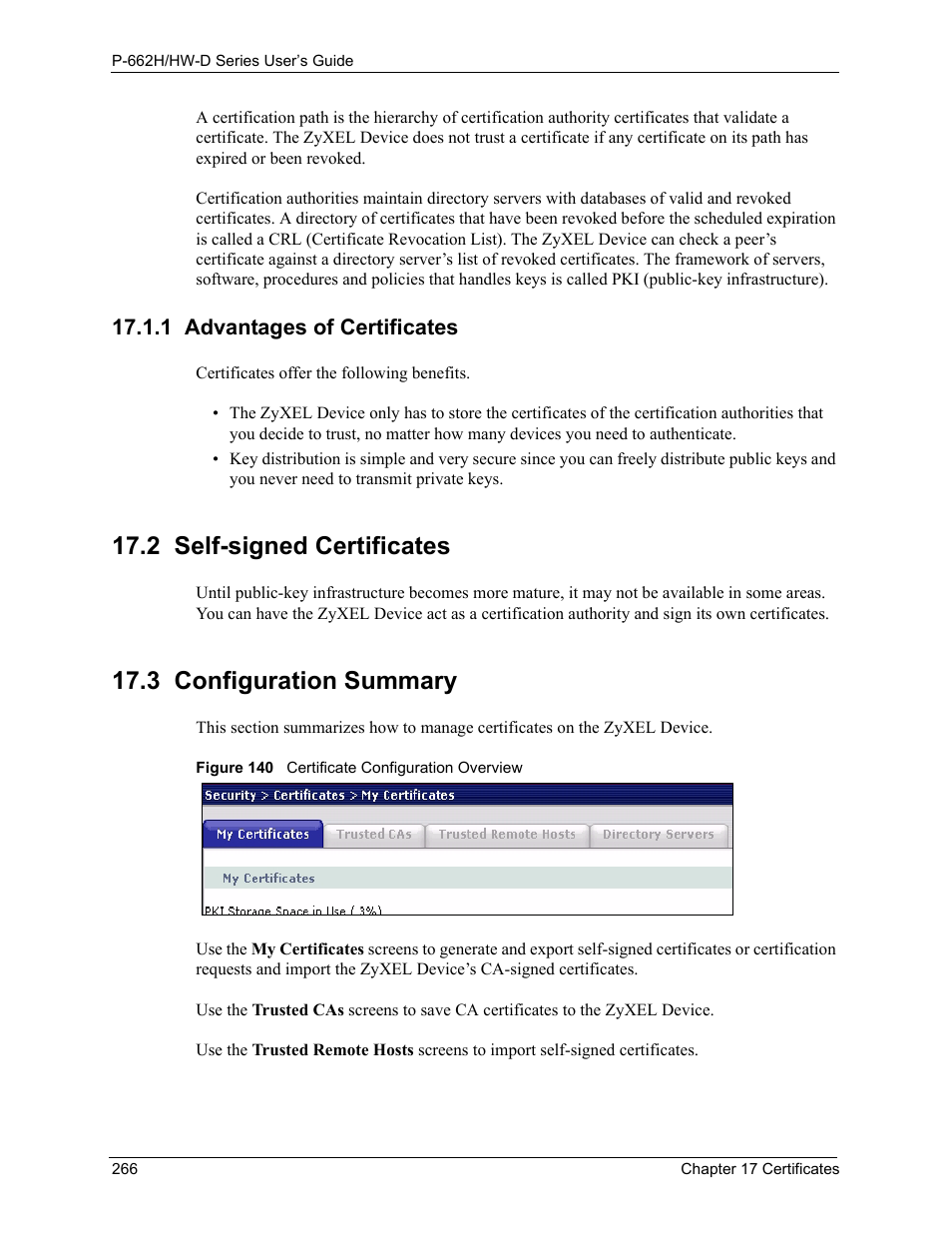 1 advantages of certificates, 2 self-signed certificates, 3 configuration summary | Figure 140 certificate configuration overview | ZyXEL Communications 802.11g ADSL 2+ 4-Port Security Gateway HW-D Series User Manual | Page 266 / 496