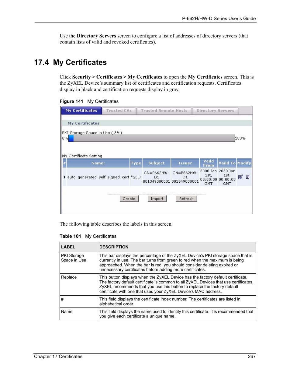 4 my certificates, Figure 141 my certificates, Table 101 my certificates | ZyXEL Communications 802.11g ADSL 2+ 4-Port Security Gateway HW-D Series User Manual | Page 267 / 496