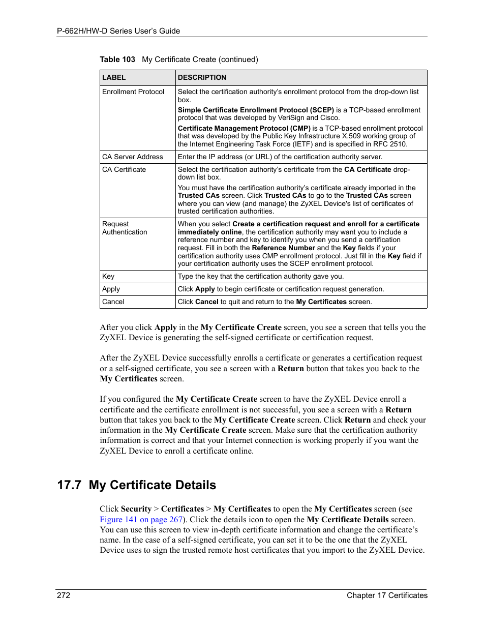 7 my certificate details | ZyXEL Communications 802.11g ADSL 2+ 4-Port Security Gateway HW-D Series User Manual | Page 272 / 496