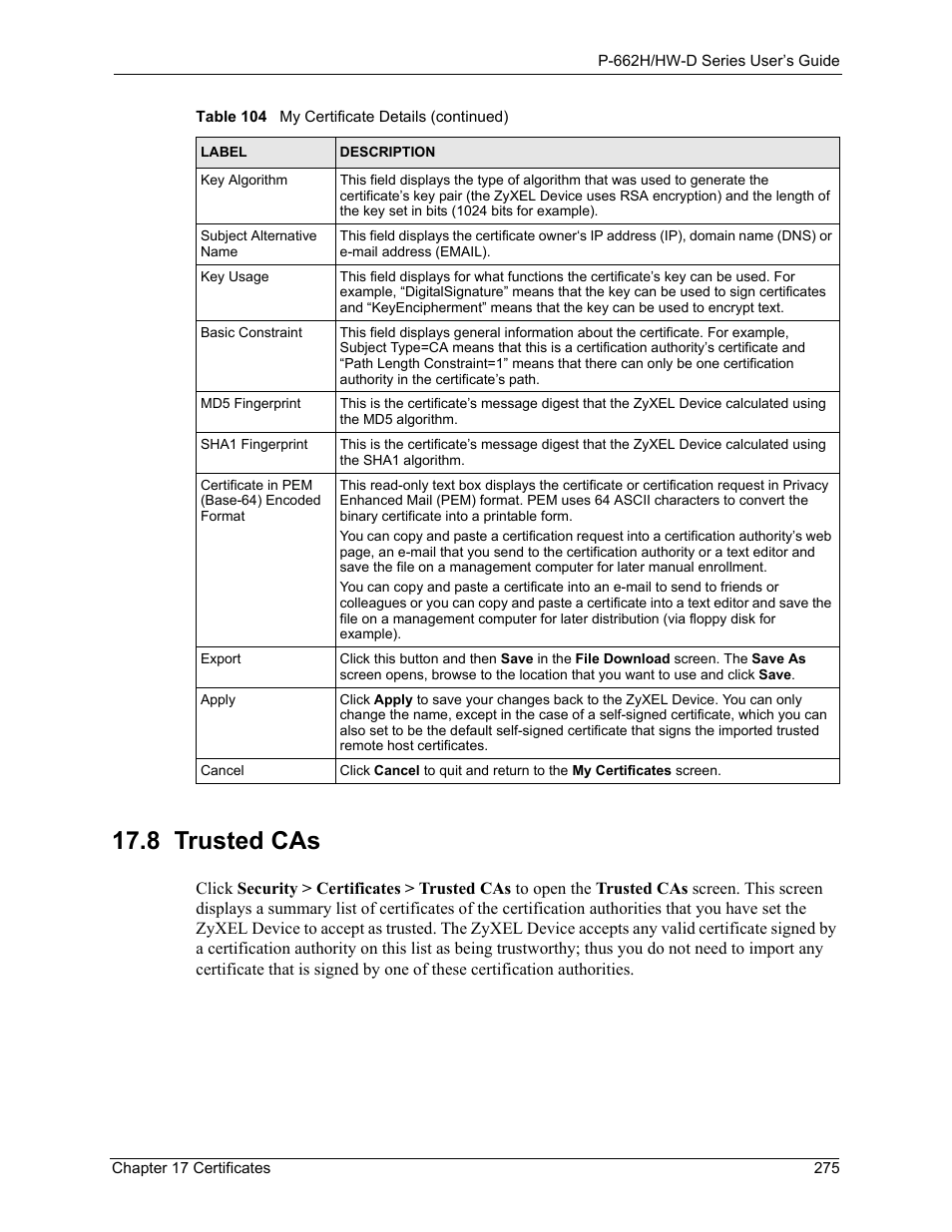 8 trusted cas | ZyXEL Communications 802.11g ADSL 2+ 4-Port Security Gateway HW-D Series User Manual | Page 275 / 496