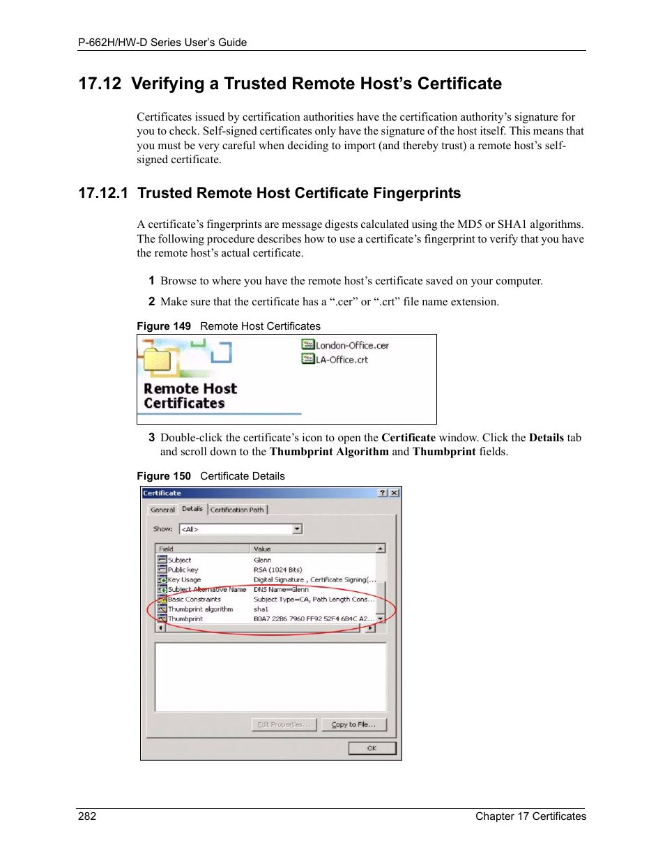 12 verifying a trusted remote host’s certificate, 1 trusted remote host certificate fingerprints | ZyXEL Communications 802.11g ADSL 2+ 4-Port Security Gateway HW-D Series User Manual | Page 282 / 496