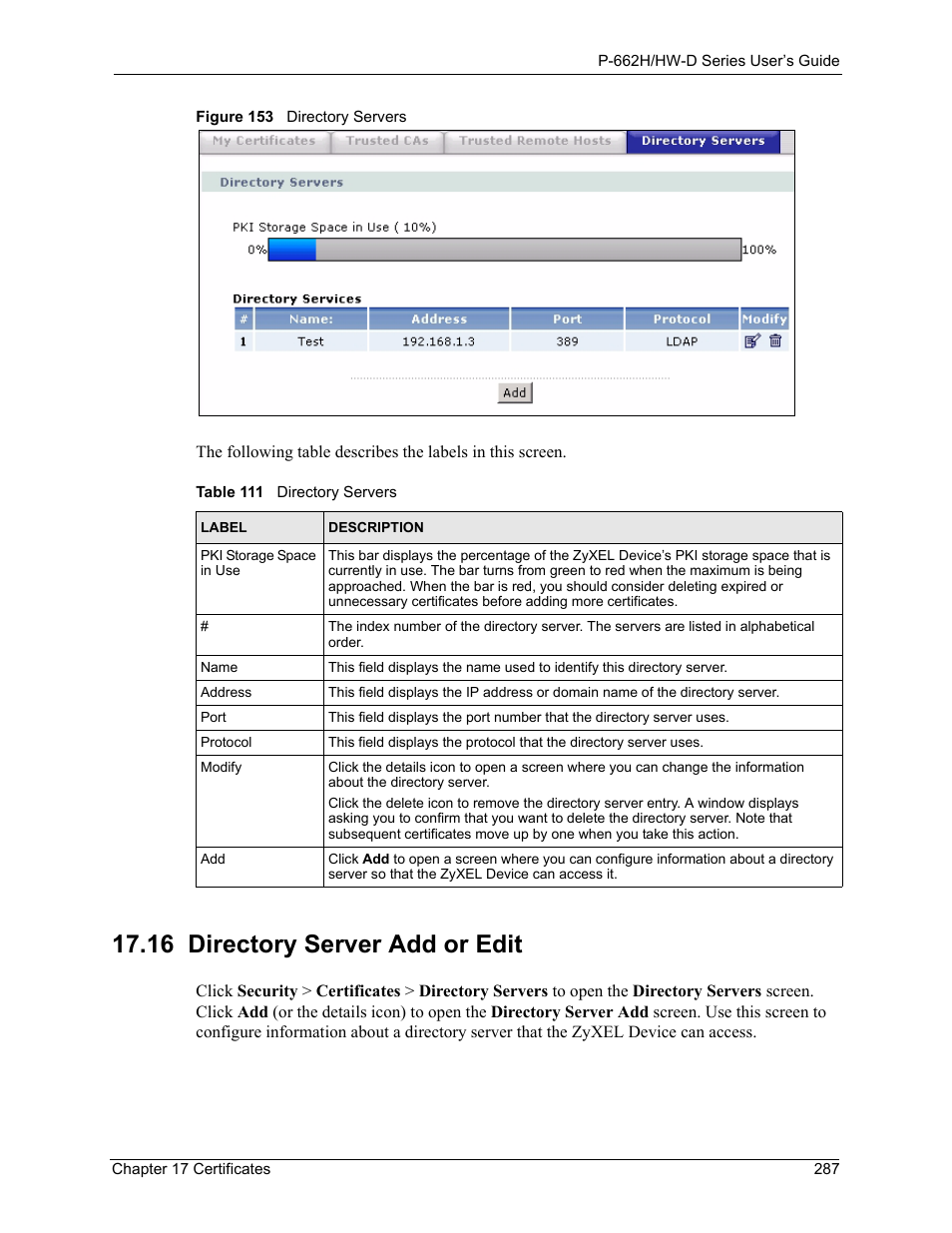 16 directory server add or edit, Figure 153 directory servers, Table 111 directory servers | ZyXEL Communications 802.11g ADSL 2+ 4-Port Security Gateway HW-D Series User Manual | Page 287 / 496