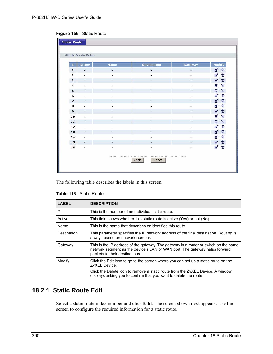 1 static route edit, Figure 156 static route, Table 113 static route | ZyXEL Communications 802.11g ADSL 2+ 4-Port Security Gateway HW-D Series User Manual | Page 290 / 496