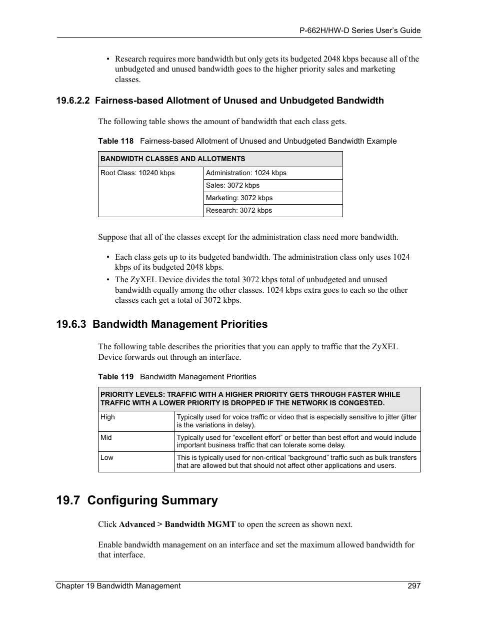 3 bandwidth management priorities, Bandwidth, 7 configuring summary | ZyXEL Communications 802.11g ADSL 2+ 4-Port Security Gateway HW-D Series User Manual | Page 297 / 496