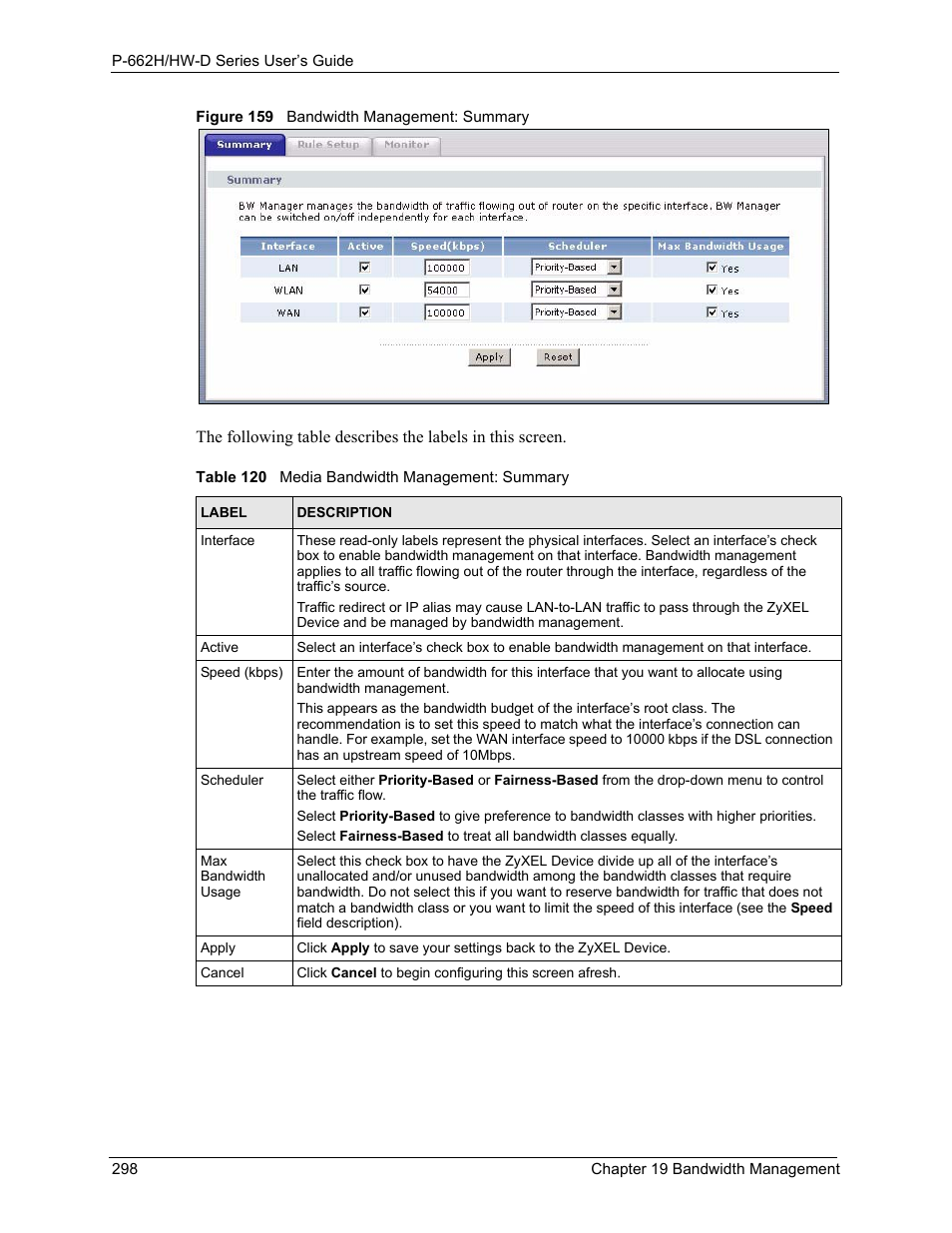 Figure 159 bandwidth management: summary, Table 120 media bandwidth management: summary, N (see | ZyXEL Communications 802.11g ADSL 2+ 4-Port Security Gateway HW-D Series User Manual | Page 298 / 496