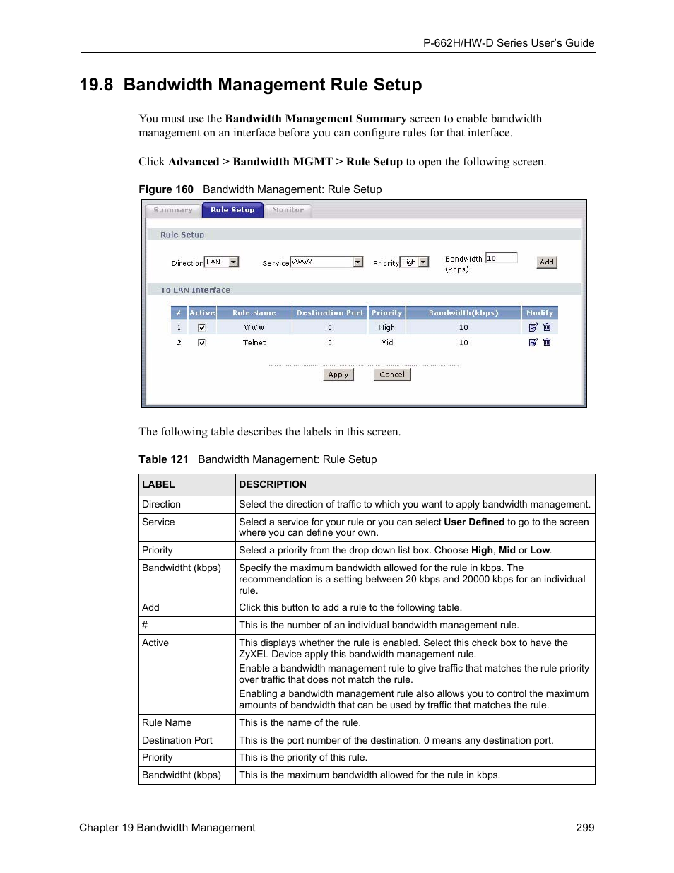 8 bandwidth management rule setup, Figure 160 bandwidth management: rule setup, Table 121 bandwidth management: rule setup | Parent (see | ZyXEL Communications 802.11g ADSL 2+ 4-Port Security Gateway HW-D Series User Manual | Page 299 / 496