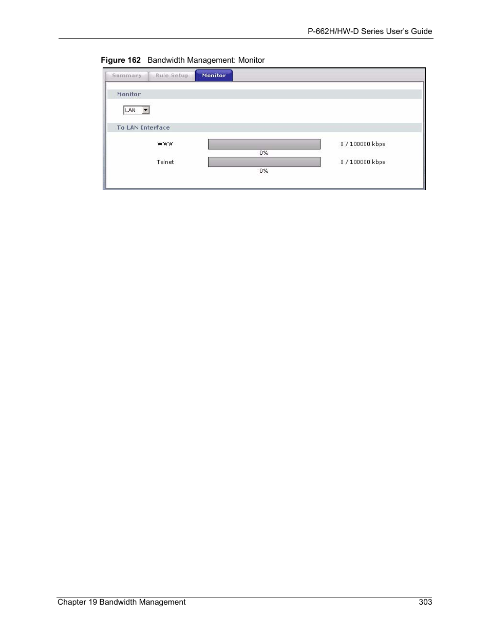 Figure 162 bandwidth management: monitor | ZyXEL Communications 802.11g ADSL 2+ 4-Port Security Gateway HW-D Series User Manual | Page 303 / 496